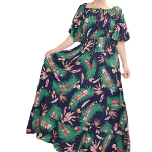 Maxi dress BOHO Floral Leaf Black navy green Off Shoulder Size S LABEL OF LOVE